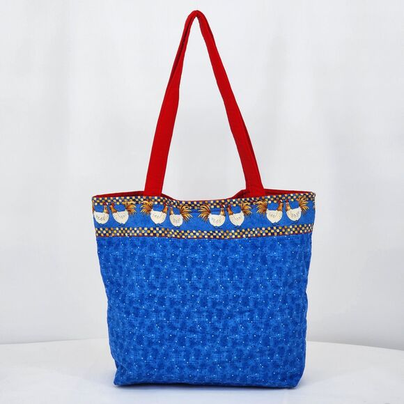 Handmade Chicken Hens Blue Red Large Tote Bag - Picture 5 of 12